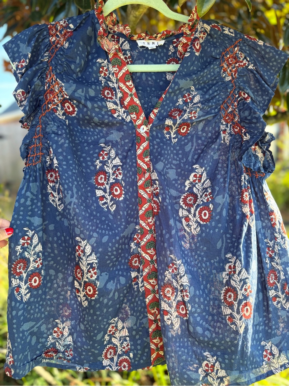 THML Blue Floral 100% Cotton Boho Ruffle Sleeve Blouse Top M - Picture 2 of 16
